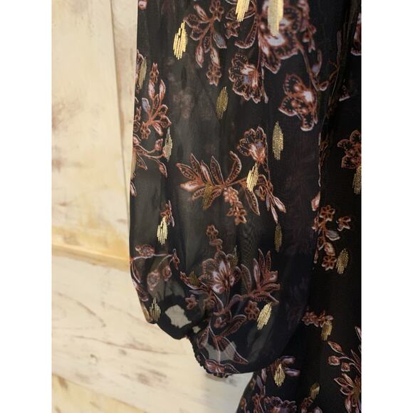 Aqua Floral Metallic Gold Print V-Neck Cocktail Party Mini Dress Long Sleeves XS - Picture 16 of 16